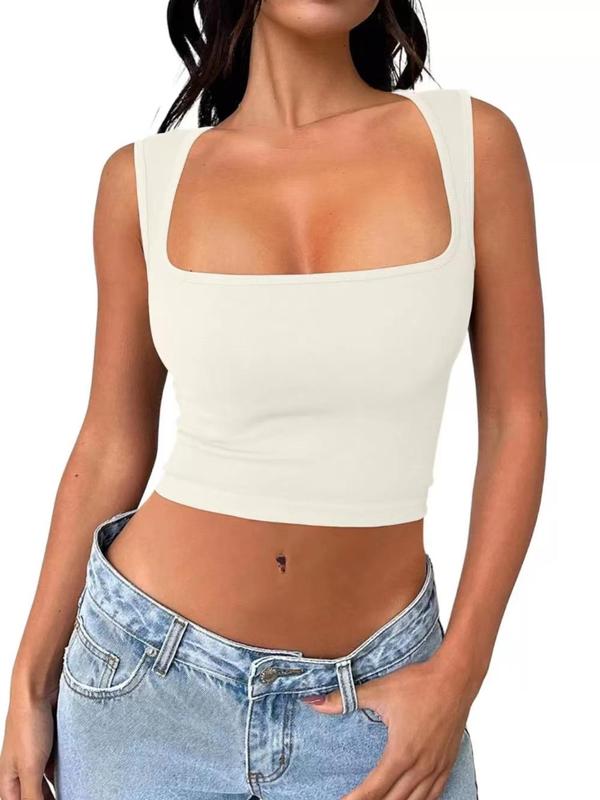 Solid Square Neck Sports Vest, Tank Tops for Women, Casual Comfy Workout Tops, Breathable Sleeveless Crop Top for Yoga Gym Workout, Running Vest, Ladies Sportswear Clothing for All Seasons, Fall Outfits, Fallfreshness Tank Tops For Men
